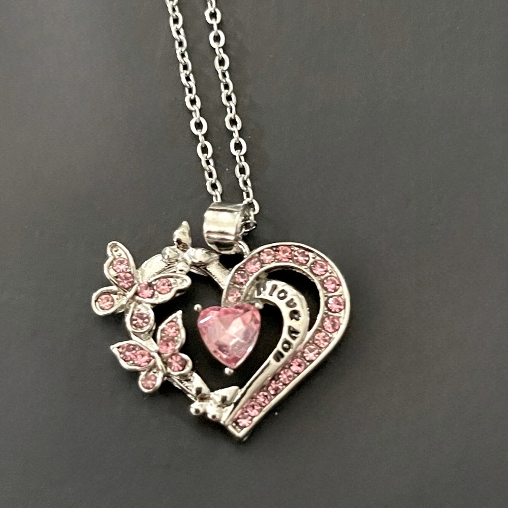 Silver Necklace - Heart pendant - I Love you - pink rhinestones